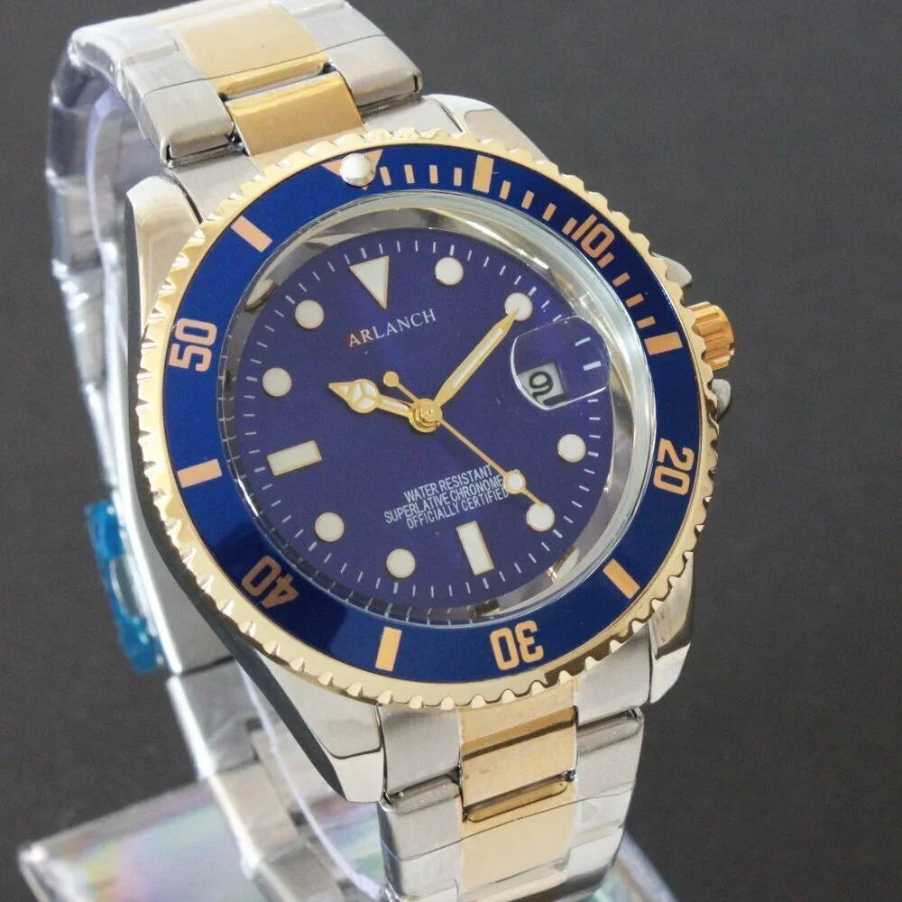 Men's Diver Style Watch Blue Bezel Silver Gold Tone 40mm